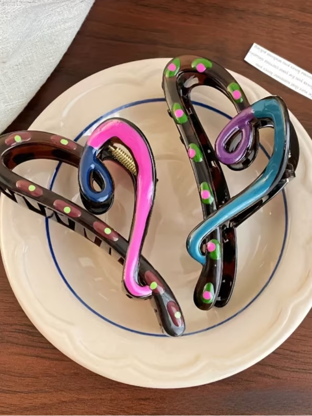 Black Hair Claw Clip with Pink & Green Accents - Women’s Hair Accessory